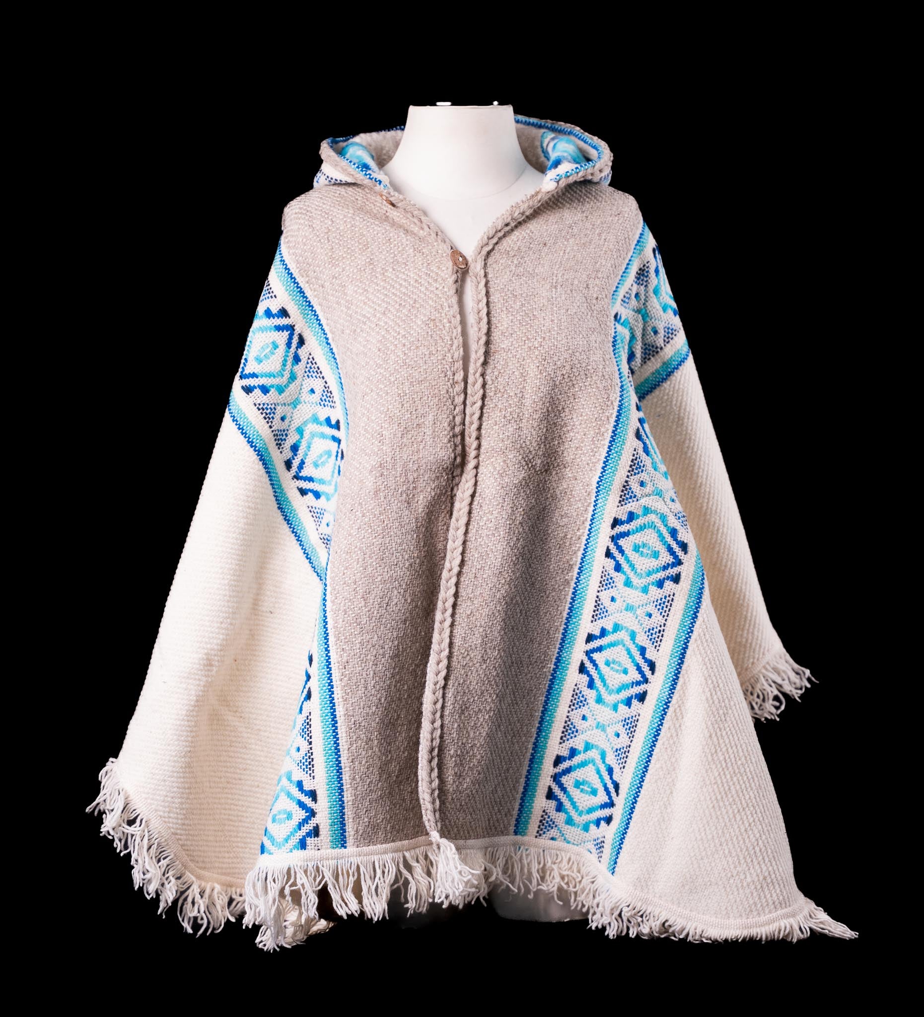 Handwoven Ecuadorian Wool Poncho with Hood – Sky Blue & Cream Tones