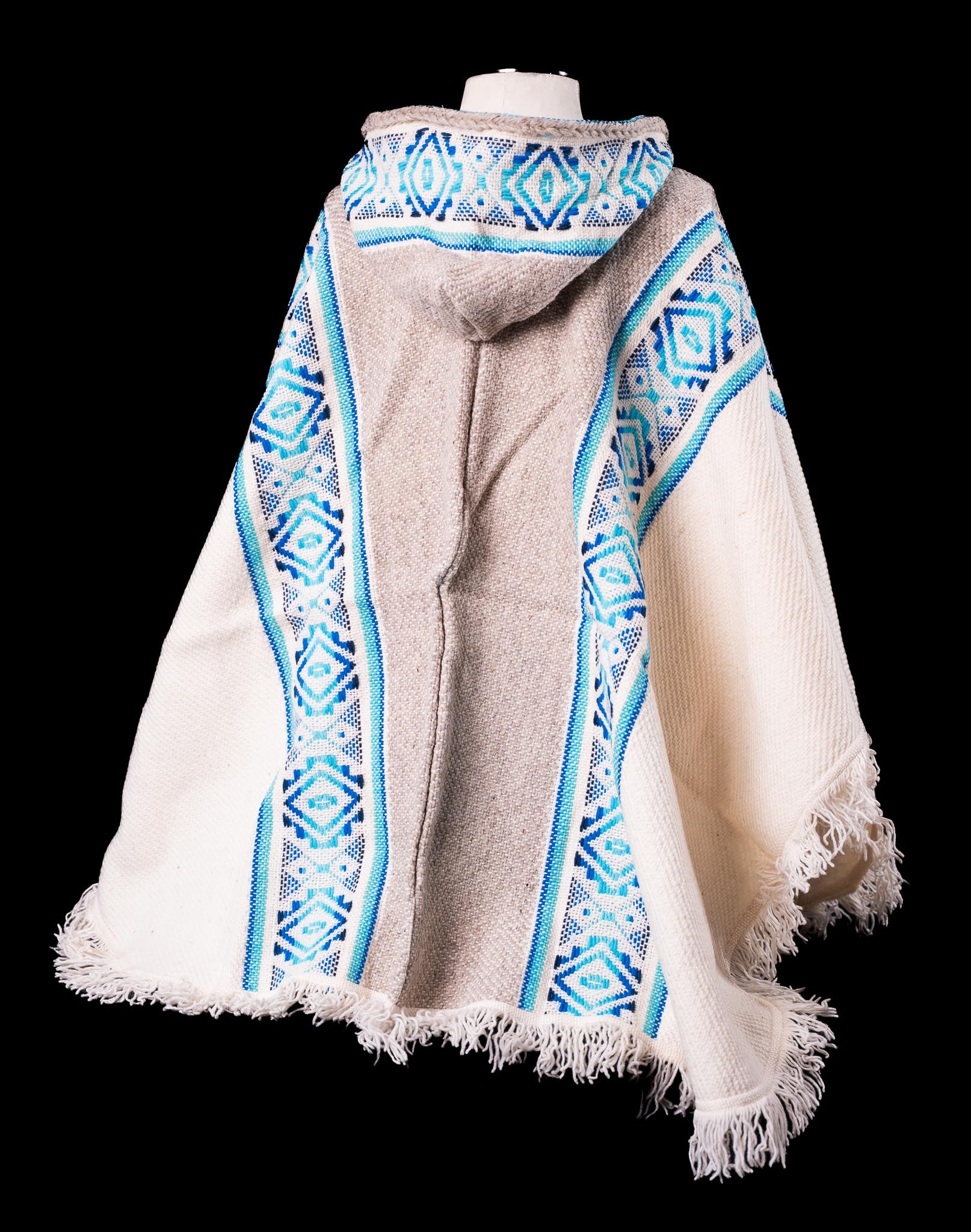 Handwoven Ecuadorian Wool Poncho with Hood – Sky Blue & Cream Tones