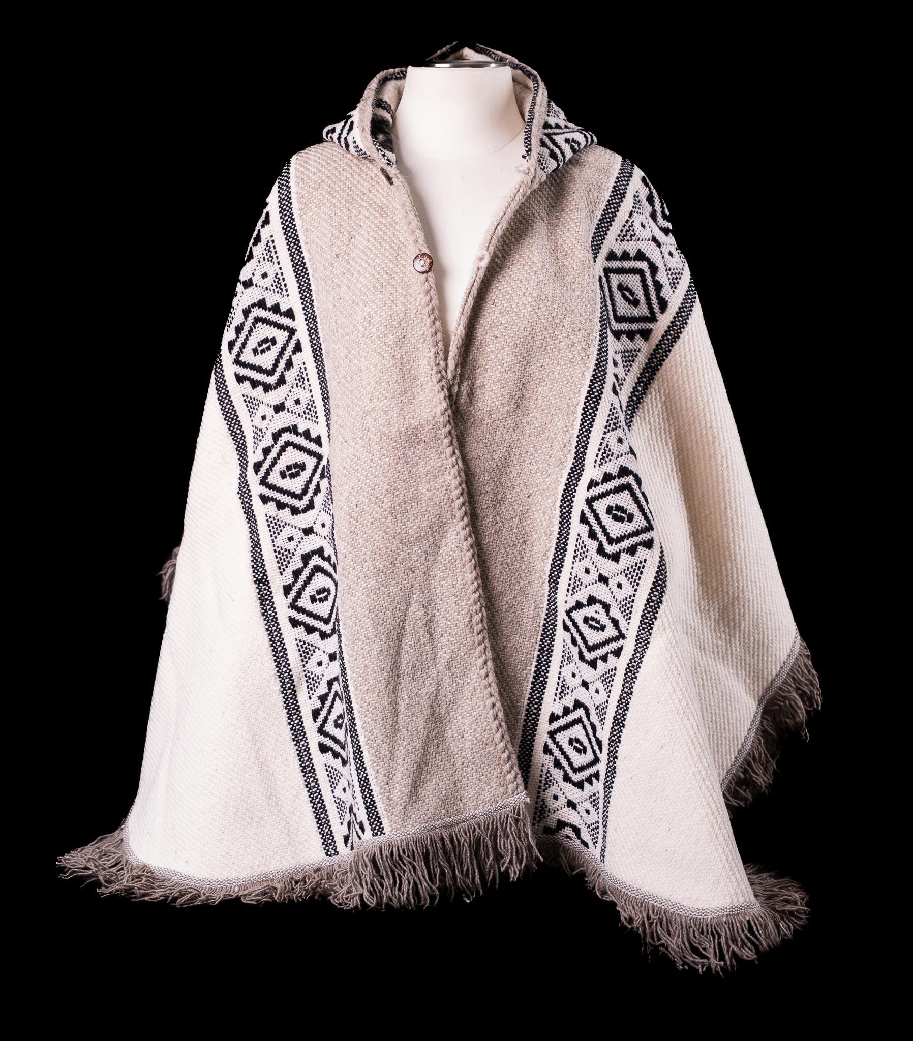 Ecuadorian Poncho with Hood – Handwoven in White and Gray