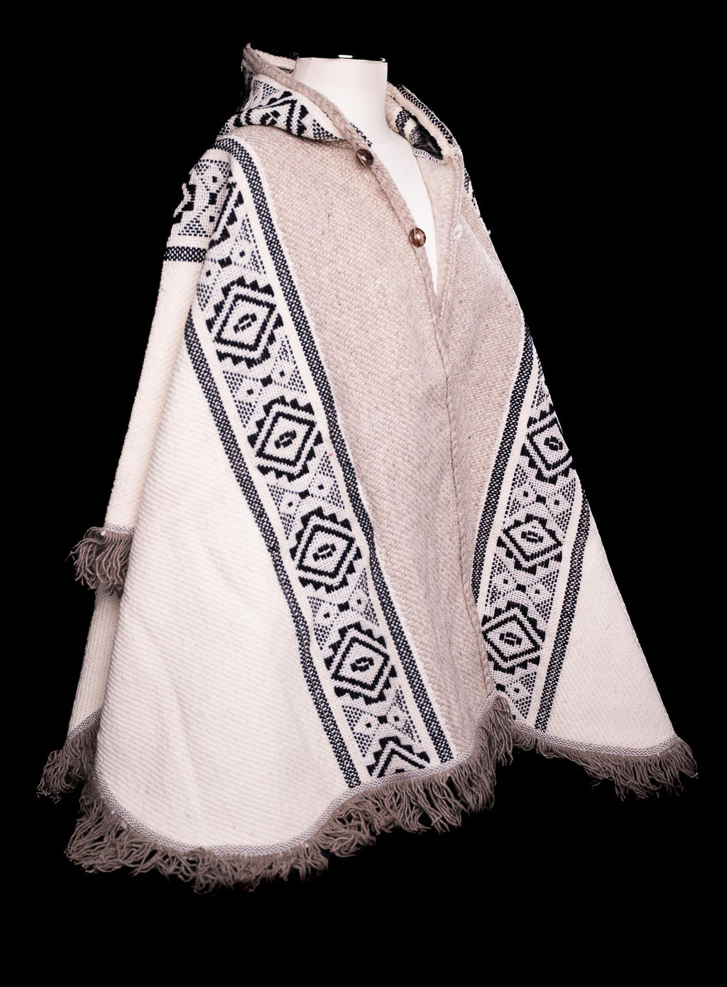 Ecuadorian Poncho with Hood – Handwoven in White and Gray