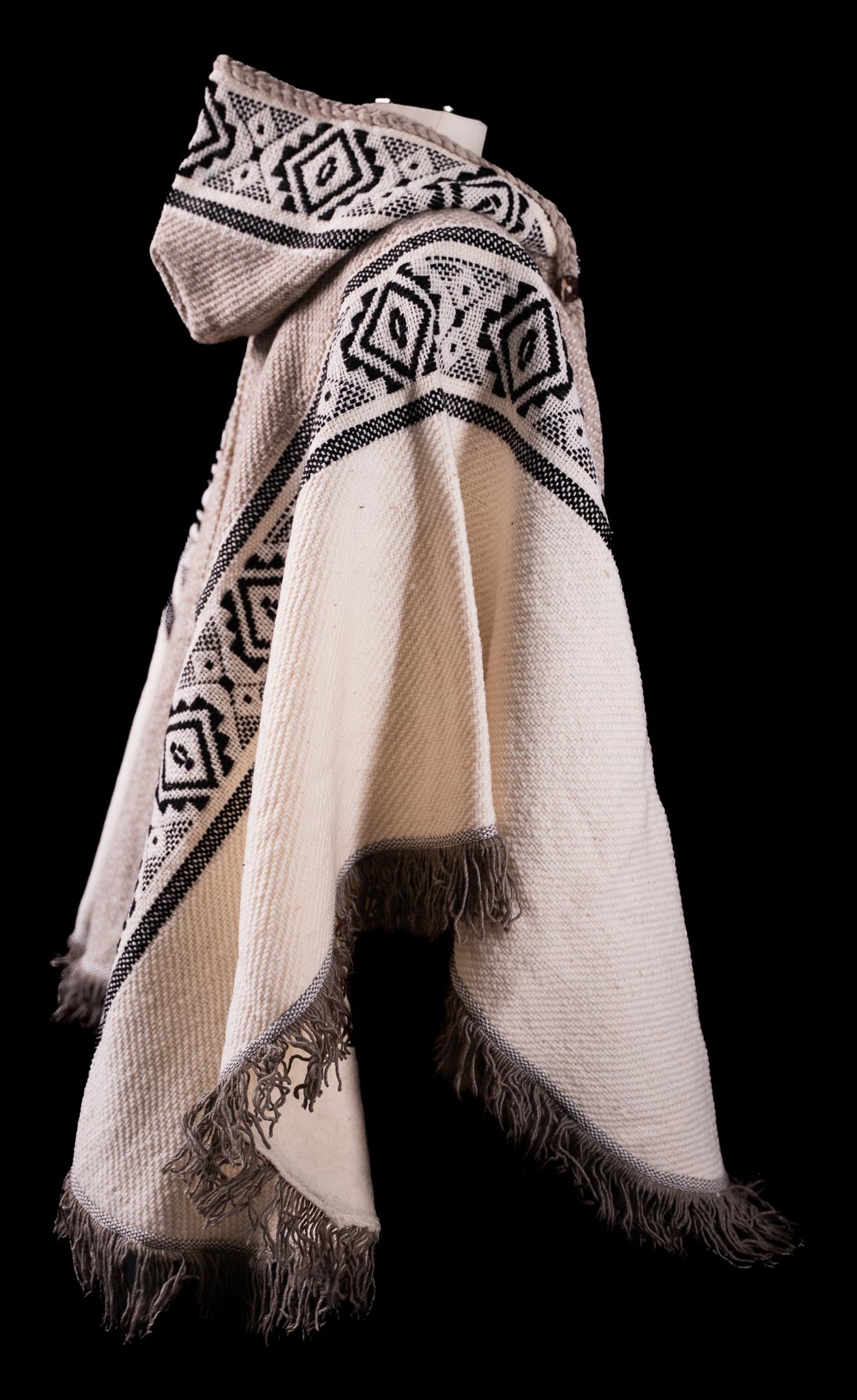 Ecuadorian Poncho with Hood – Handwoven in White and Gray