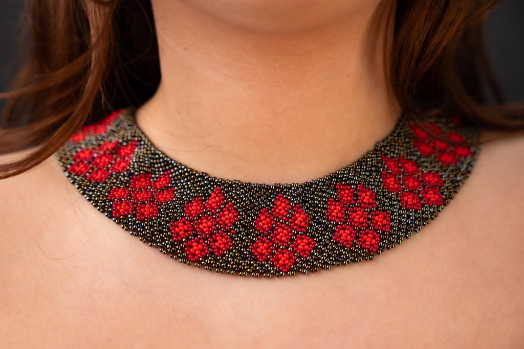 Handmade Ecuadorian Beaded Necklace – Red Floral Design