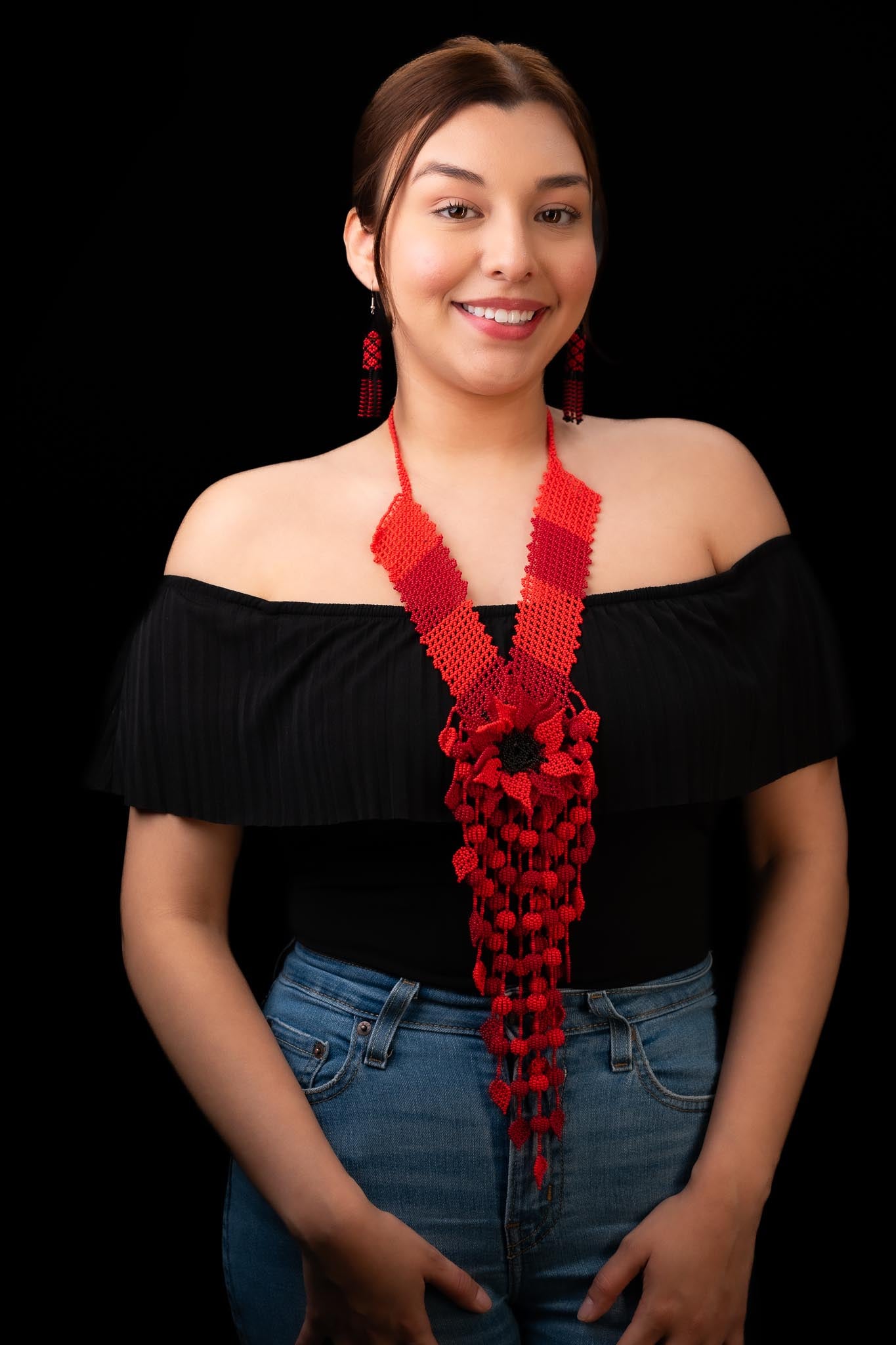 🌺Handmade Ecuadorian Beaded Necklace & Earrings Set – Red Bloom Statement