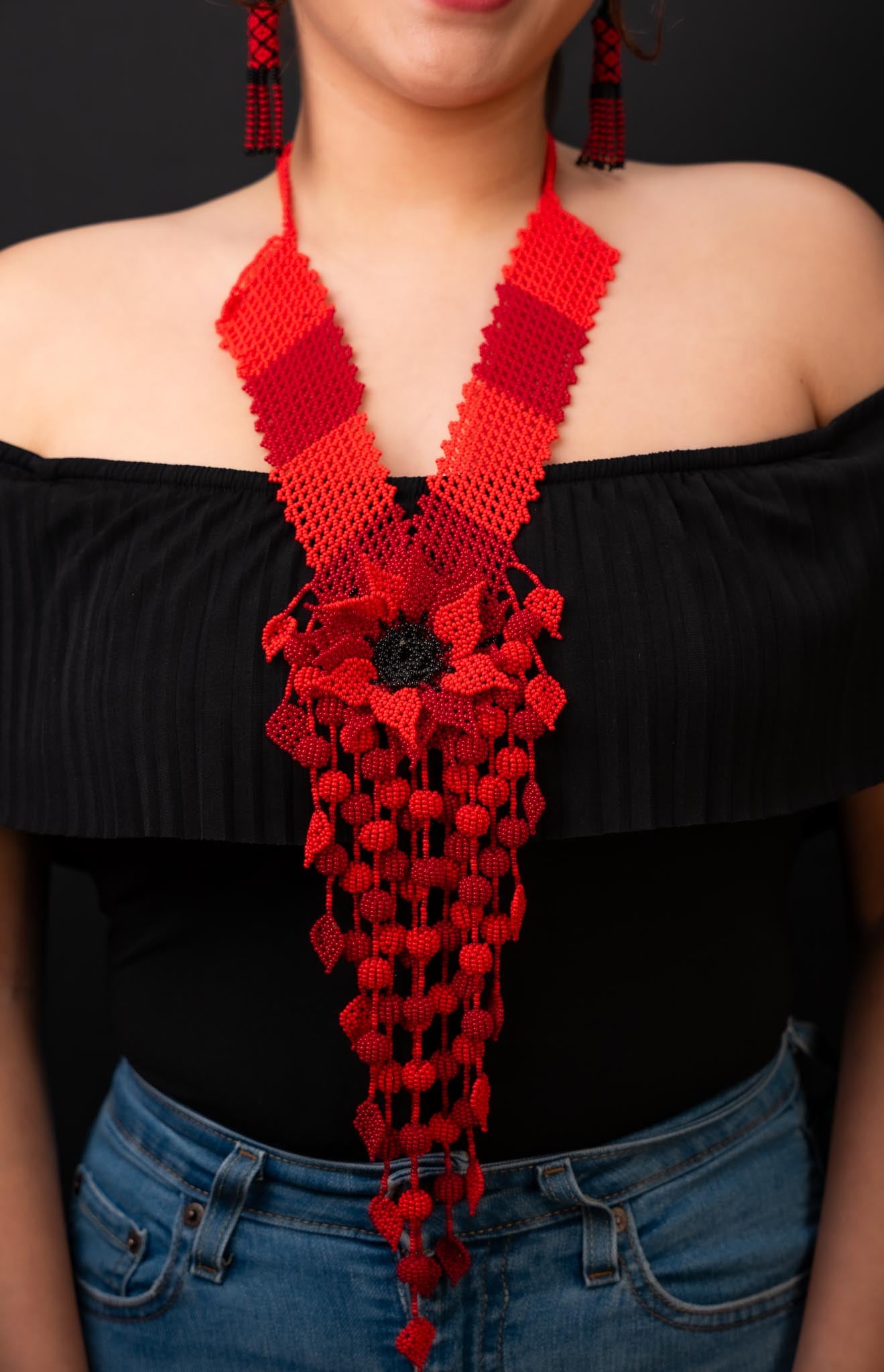 🌺Handmade Ecuadorian Beaded Necklace & Earrings Set – Red Bloom Statement