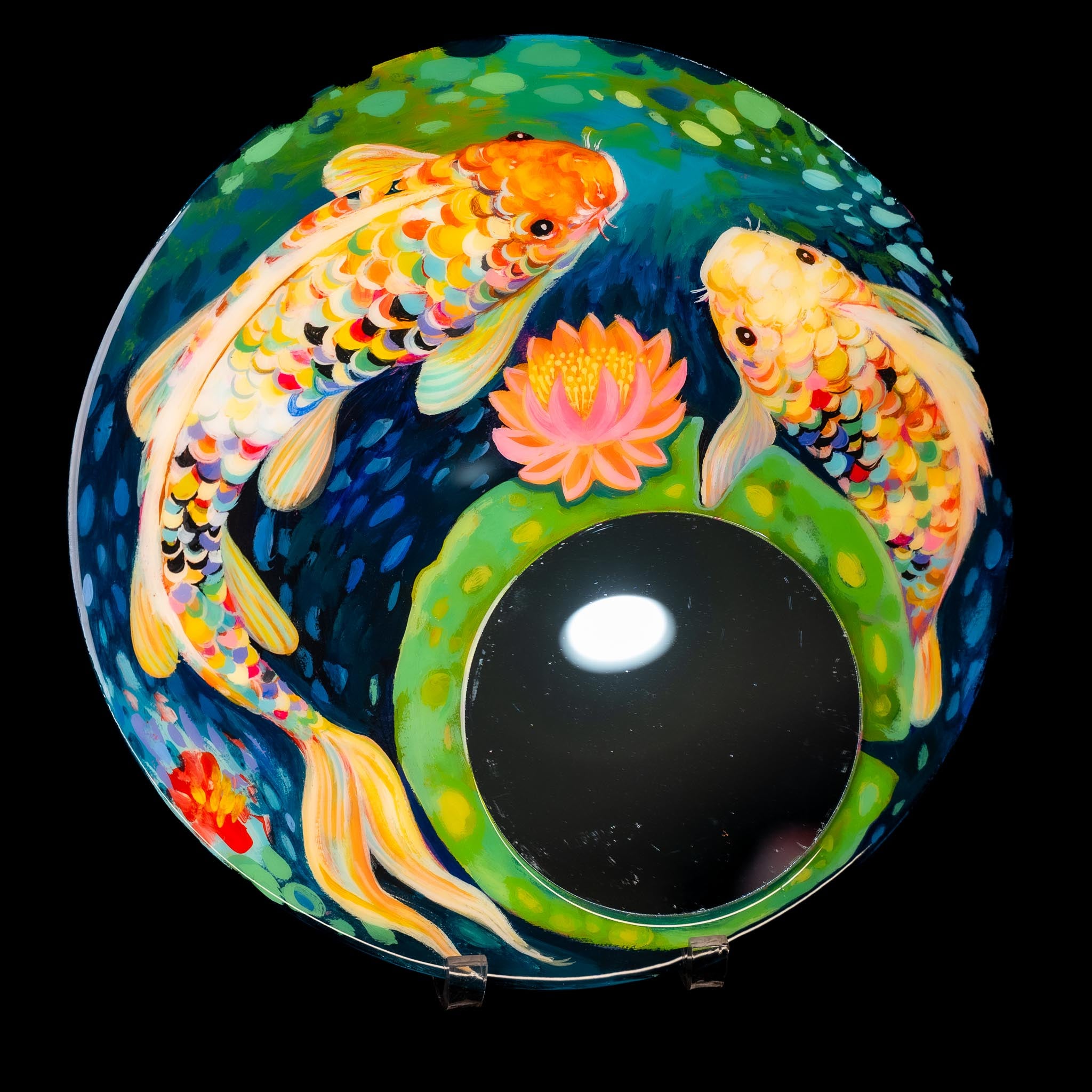 Hand-Painted Round Koi Fish Mirror – Acrylic Art on Wood with Resin Finish