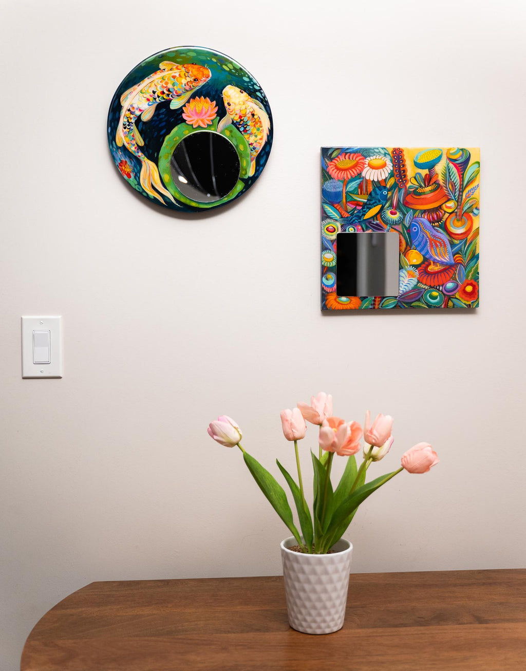 Hand-Painted Round Koi Fish Mirror – Acrylic Art on Wood with Resin Finish