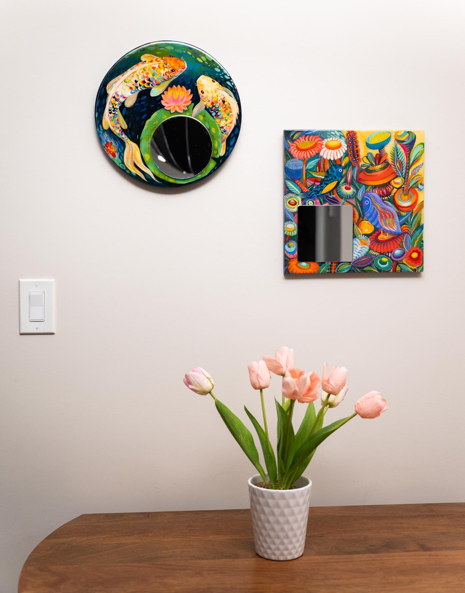 Hand-Painted Round Koi Fish Mirror – Acrylic Art on Wood with Resin Finish