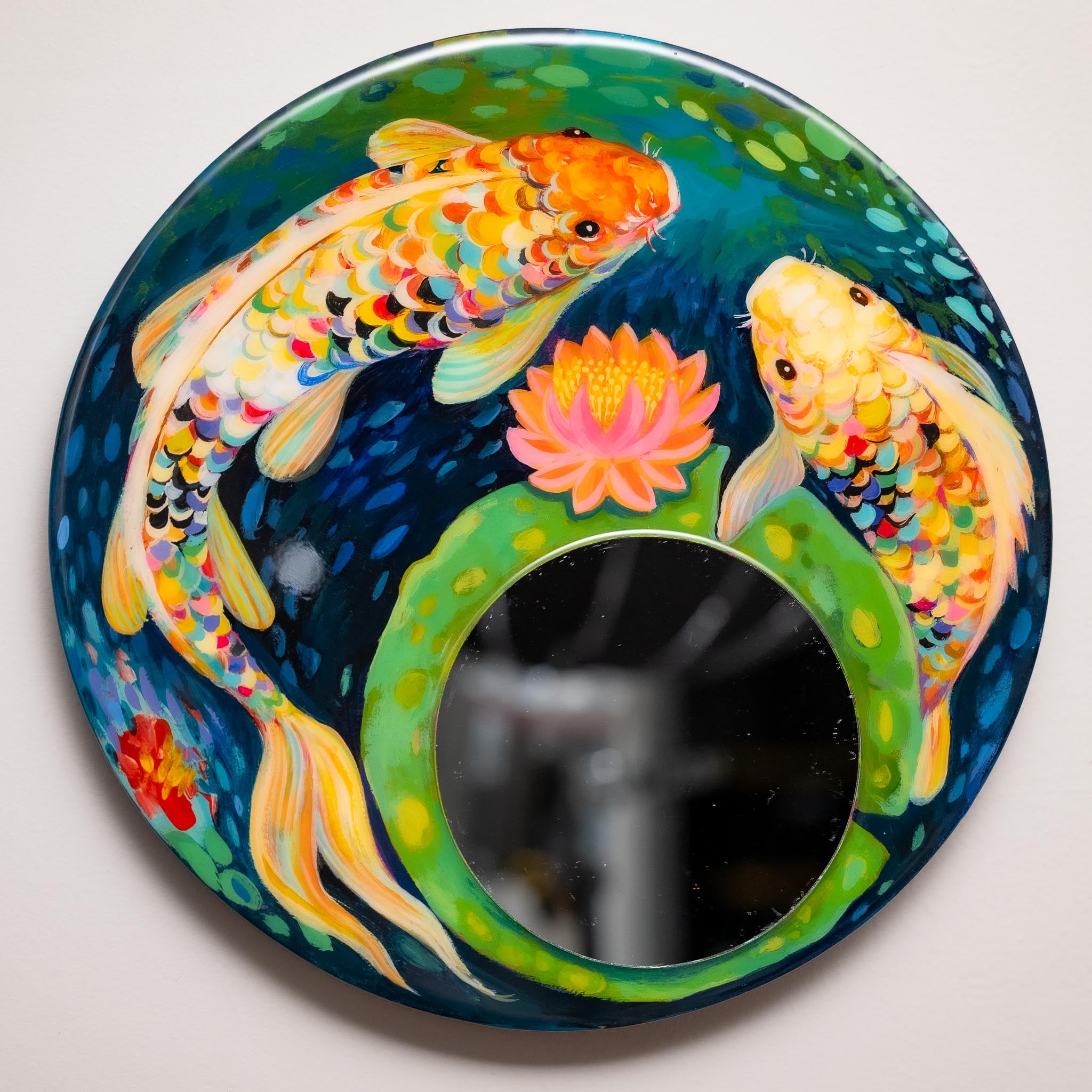 Hand-Painted Round Koi Fish Mirror – Acrylic Art on Wood with Resin Finish